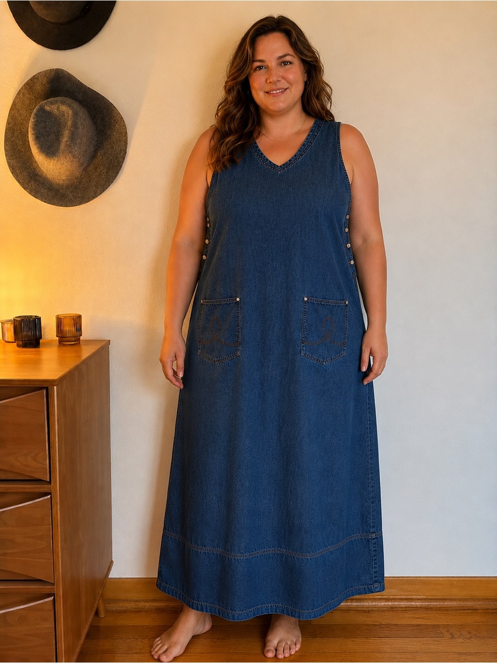 Vintage 90s Denim Jumper Maxi Dress XL Blue Jean Modest Country Cottage Teacher
